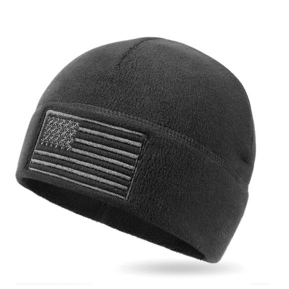 Other - 🆕Black Fleece Beanie Unisex Winter Hat with Flag Patch